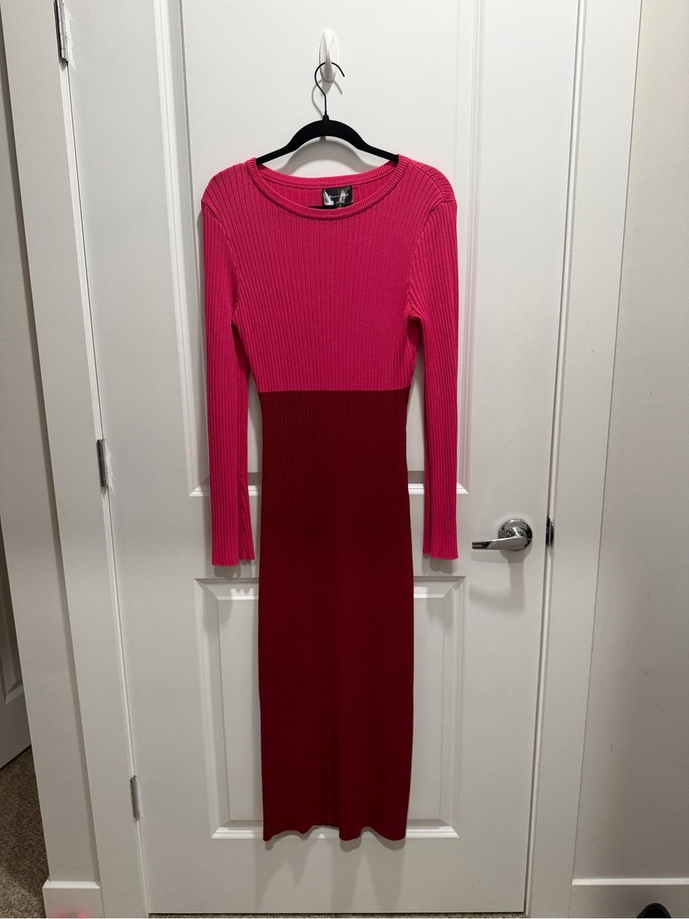 Line & Dot Two-Tone Pink and Red Ribbed Maxi Dress
